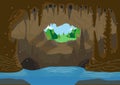 An illustration of a cave with underground river and bats hanging from ceiling. Editable Clip Art.