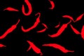 Illustration of cayenne red pepper pods scattered on a black background