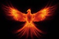 Illustration of a celestial phoenix in fire. Symbol of rebirth. Fenix with burning wings and feathers