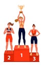 Illustration of ceremony of awarding trophy. Winners on the podium with award cup and medals. Royalty Free Stock Photo