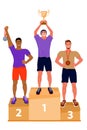 Illustration of ceremony of awarding trophy. Winners on the podium with award cup and medals. Royalty Free Stock Photo