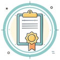 Illustration of a Certificate with a Seal inside a Circular Frame with Geometric Icons Royalty Free Stock Photo