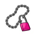 Illustration of chain with lock. Teenage creative accessory. Youth subculture symbol in cartoon style.