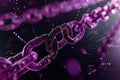 Illustration of of a chain made from binary code, with a purple color on a black background, in the cyberpunk style, low poly