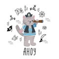 illustration character cat with doodle pirate bundle elements and .AHOY lettering