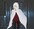 illustration of the character of a mysterious man wearing a white cloak, anime style design for wallpaper