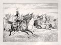 Old illustration of a charge de cuirassiers in a battlefield