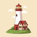 Illustration of a charming lighthouse featuring a tall, white cylindrical tower with a red Royalty Free Stock Photo