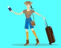 Illustration of a charming travel lady.Smiling Lady holds a passport with plane tickets in her hand. Her suitcase is full of