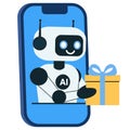 Illustration chat bot, robot with gift from mobile phone isolated white background Royalty Free Stock Photo