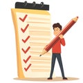 Illustration, Checklist Completion Progress - Person with Giant Pencil Marking Tasks