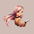 Illustration of a cheeky girl with a smartphone.