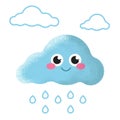 Illustration of a cheerful blue cloud with rain on a white background, vector flat style