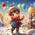 Illustration of a cheerful boy in a winter scene, holding a balloon around confetti. New Year\'s fun and festivities Royalty Free Stock Photo