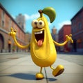 Illustration of Cheerful Cartoon banana character. Funny cartoon banana walking alonf the city streets with a huge smile. Smiling