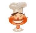 Illustration of a cheerful cartoon chef in a light hat, with a smile on his face. Funny bright character Royalty Free Stock Photo
