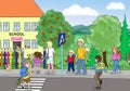 Illustration of cheerful children with parents going to school Royalty Free Stock Photo