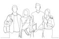 Illustration of cheerful college students walking out of campus together, and posing at camera. Single continuous line art style Royalty Free Stock Photo