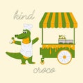 illustration of cheerful crocodile stands in a chefs cap and apron near an ice cream cart, inscription kind croco, alligator holds