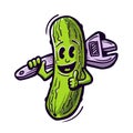 Illustration of a cheerful cucumber character with a wrench on his shoulders, plumber concept