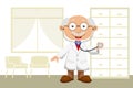 Illustration, a cheerful elderly doctor with a stethoscope in a medical office. Health concept.