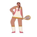Illustration of a cheerful girl doing sports. Cartoon doodle tennis player with a racket in a sports uniform. Vector. Royalty Free Stock Photo
