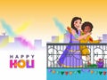 Illustration of Cheerful Indian Boy and Girl Playing Colors Together at Balcony on the Occasion of Holi Festival.