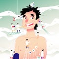 Illustration of a cheerful man at a doctor`s reception. Vector illustration. A young man undergoes medical prophylaxis and tests.