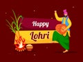 Illustration Of Cheerful Punjabi Man Playing Dhol With Bonfire, Sugarcane And Sweet (Revdi) Bowl on Dark Red Background