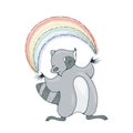 Illustration with a cheerful raccoon playing with a rainbow