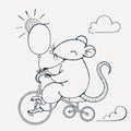 Illustration with a cheerful rat on a bike with balloon. Coloring page.