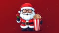 Illustration cheerful santa claus with popcorn at the cinema