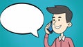 Illustration of a cheerful young man chatting on his cellphone, with an empty speech bubble for adding a message or Royalty Free Stock Photo