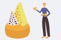 Illustration of cheese seller presenting a table of cheese