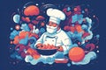 An illustration of the chef cooking with the aroma of smoke surrounding him