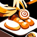 Illustration of a chef cutting a piece of sausage on a plate AI Generated