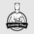 Cooking Chef Badge Emblem, Vintage Detailed Logo Vector Black and White Royalty Free Stock Photo