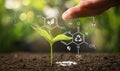 Illustration of chemical formulas and woman pouring water on young seedling in soil against blurred background Royalty Free Stock Photo