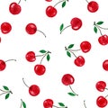 Cherry seamless pattern, watercolor food illustration with hand painted red cherries, cherry background and fruit textile design