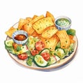 Colorful Watercolor Illustration Of Chips And Salad In Traditional Japanese Style