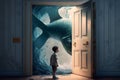 A child in front of a door, facing a giant fish another side, Generative AI