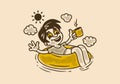 illustration of a child relaxes on a lifebuoy with his hand holding a cup of coffee