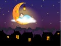 Illustration - A child sleeping on the Cheese Moon, above the fairytale (old European) city Royalty Free Stock Photo
