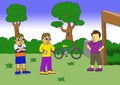 illustration of a child in a yellow shirt angry at a child in a purple shirt