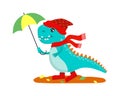 Illustration for children. Cute dinosaur in rubber boots with an umbrella. Cozy autumn