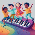 Illustration of children dancing on the keyboard, generated by artificial intelligence