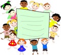 Illustration of children of different races behind a banner