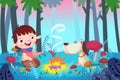 Illustration For Children: Forest Barbecue with Best Friends.