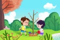 Illustration For Children: The Girl and Boy is Planting Tree in Arbor Day. Royalty Free Stock Photo