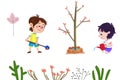Illustration For Children: The Girl and Boy is Planting Tree in Arbor Day. Royalty Free Stock Photo